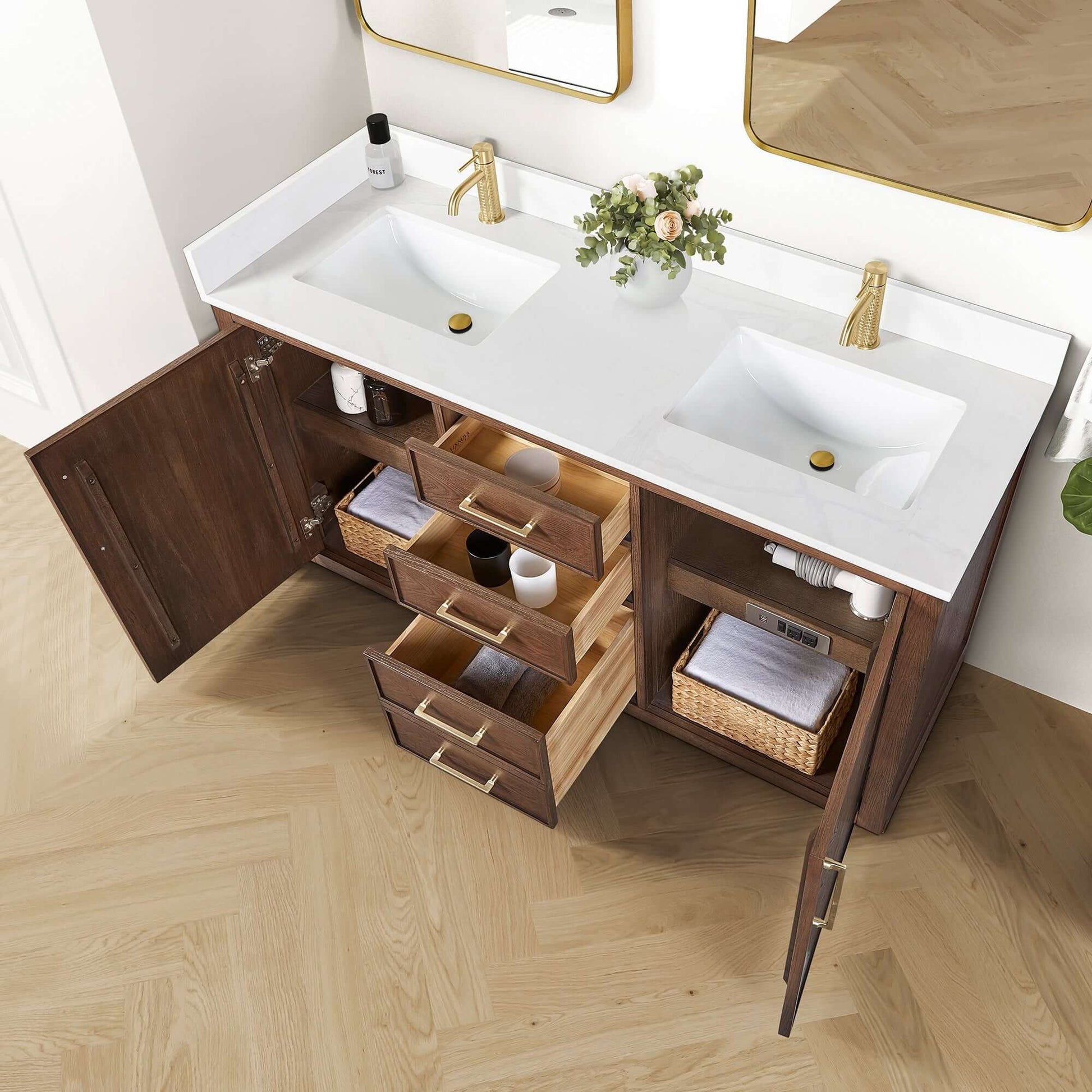 Vinnova, Jakarta 60M" Freestanding Double Bath Vanity in Aged Dark Brown Oak with Silk White Quartz Stone Top, open storage view