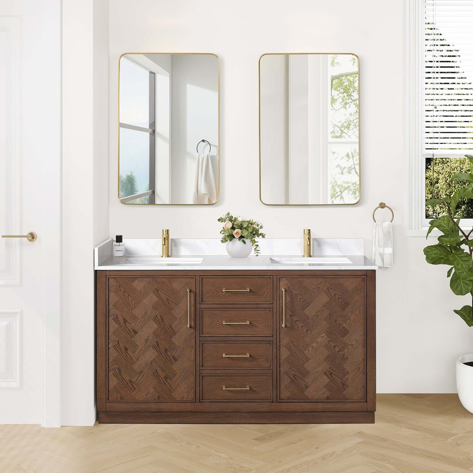 Vinnova, Jakarta 60M" Freestanding Double Bath Vanity in Aged Dark Brown Oak with Silk White Quartz Stone Top in a modern bathroom setting