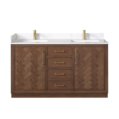 Vinnova, Jakarta 60M" Freestanding Double Bath Vanity in Aged Dark Brown Oak with Silk White Quartz Stone Top, bathroom vanity