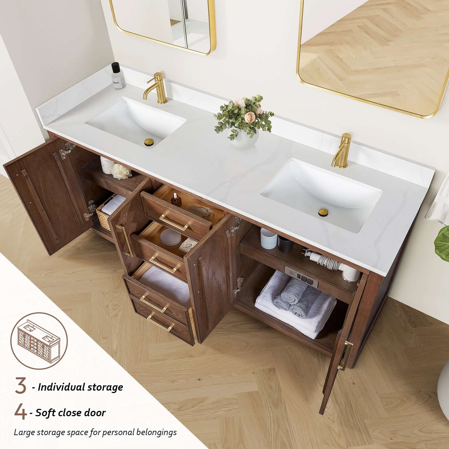 Vinnova, Jakarta 72" Freestanding Double Bath Vanity in Aged Dark Brown Oak with Silk White Quartz Stone Top in bathroom setting