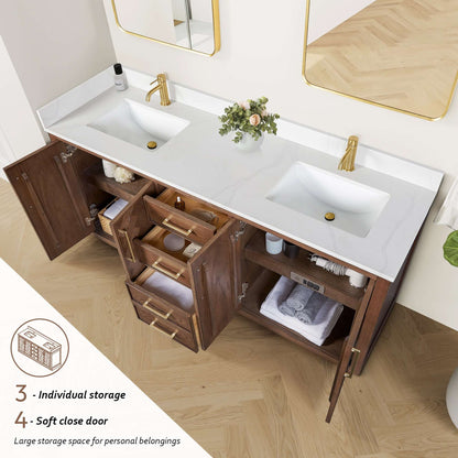 Vinnova, Jakarta 72" Freestanding Double Bath Vanity in Aged Dark Brown Oak with Silk White Quartz Stone Top in bathroom setting