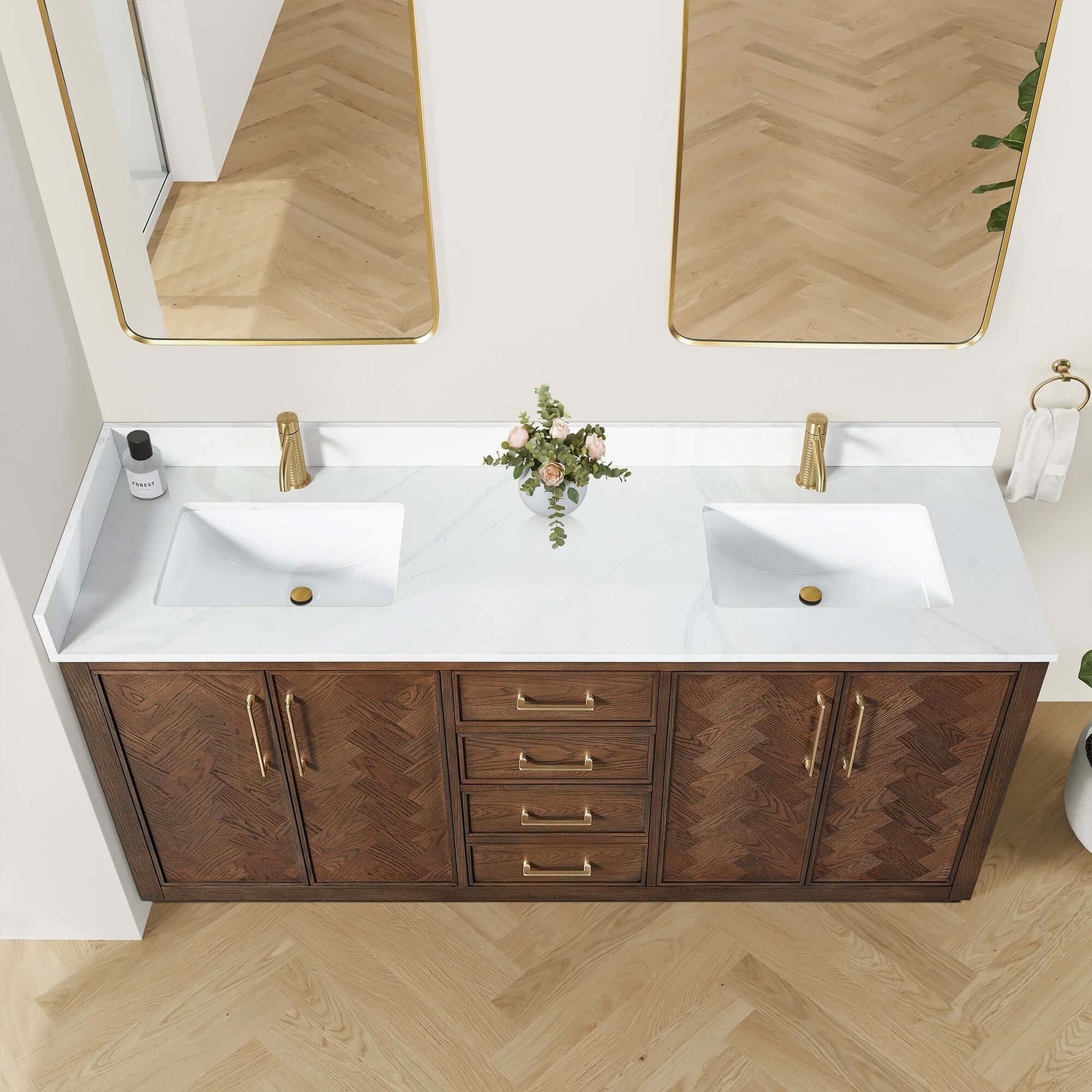 Vinnova, Jakarta 72" Freestanding Double Bath Vanity in Aged Dark Brown Oak with Silk White Quartz Stone Top - bathroom vanity