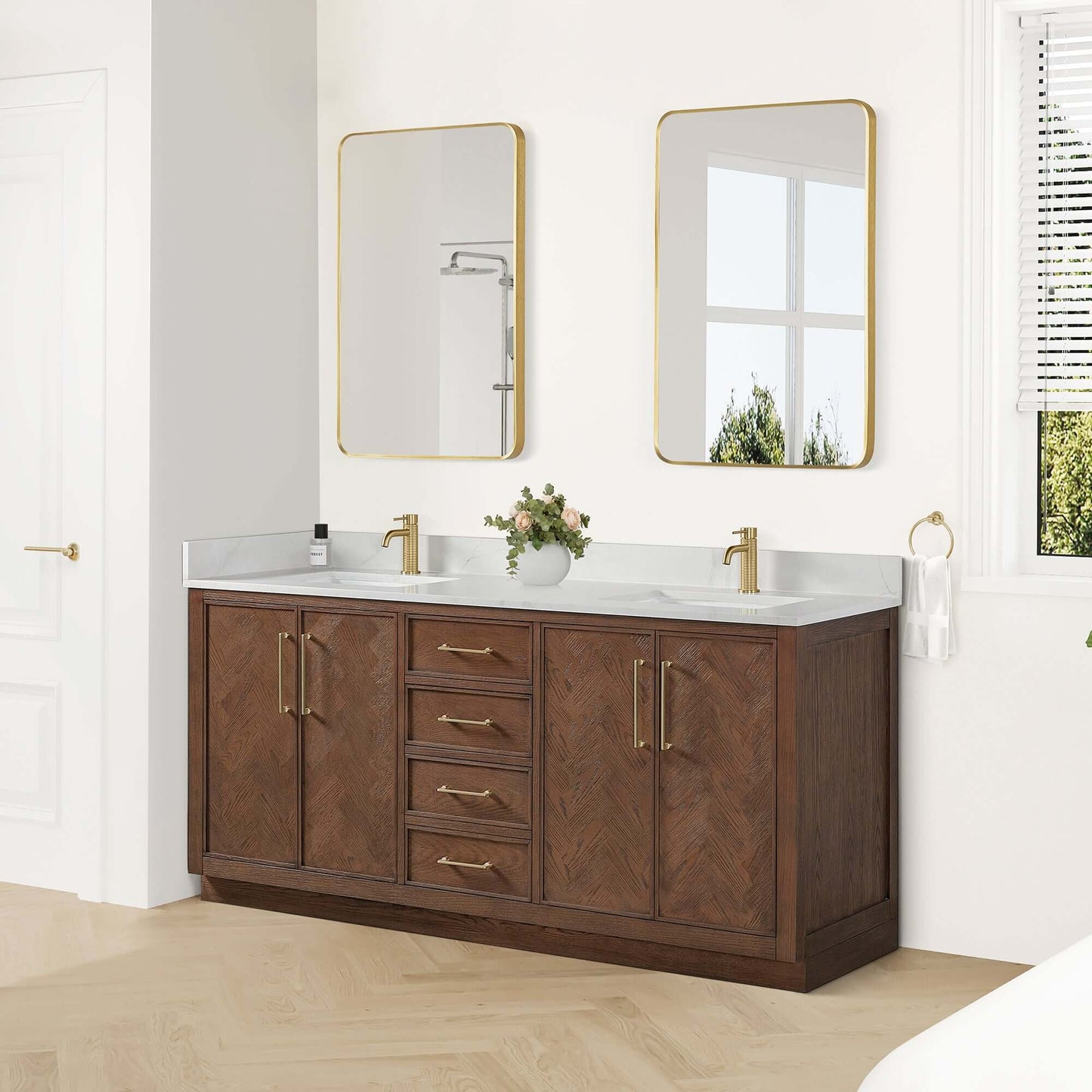 Vinnova, Jakarta 72" Freestanding Double Bath Vanity in Aged Dark Brown Oak with Silk White Quartz Stone Top in bathroom setting.