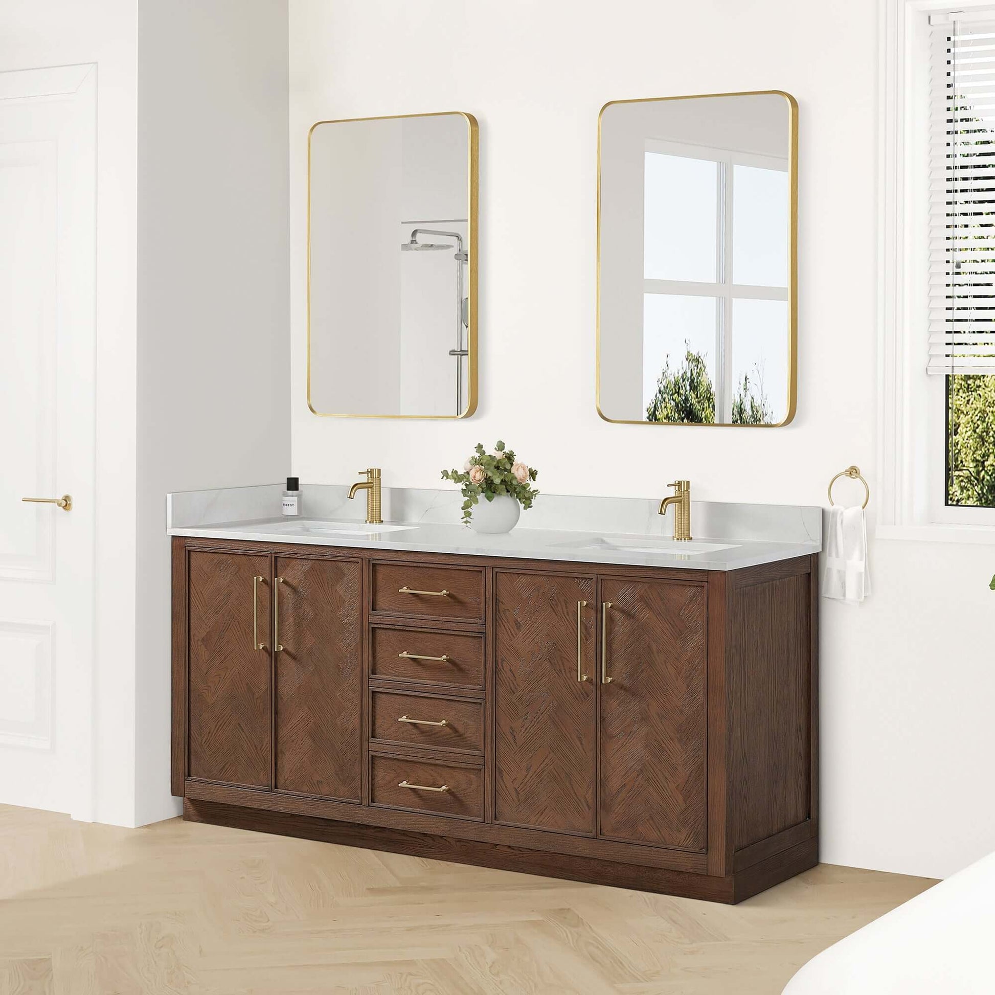 Vinnova, Jakarta 72" Freestanding Double Bath Vanity in Aged Dark Brown Oak with Silk White Quartz Stone Top in bathroom setting.