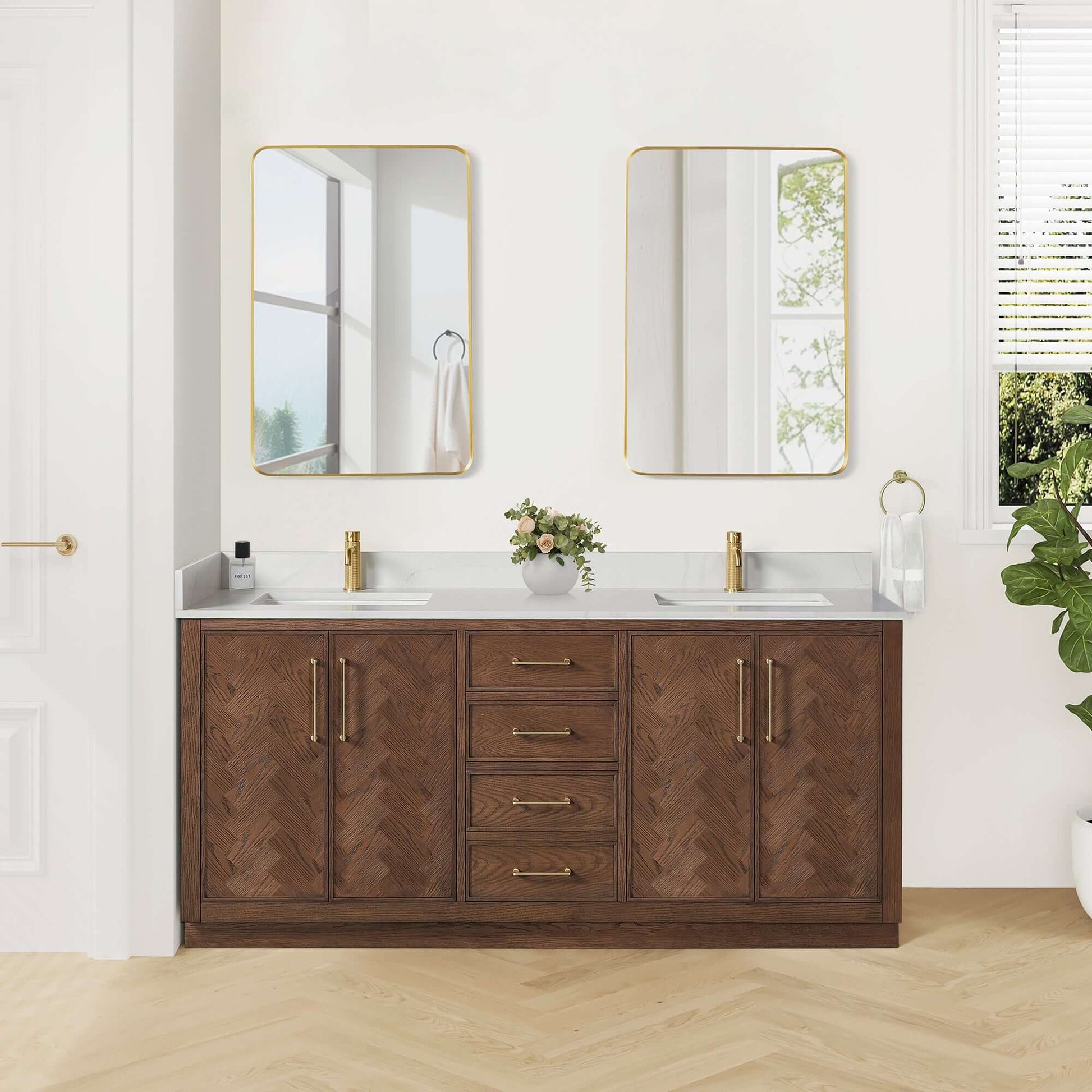 Vinnova, Jakarta 72" Freestanding Double Bath Vanity in Aged Dark Brown Oak with Silk White Quartz Stone Top, elegant bathroom vanity