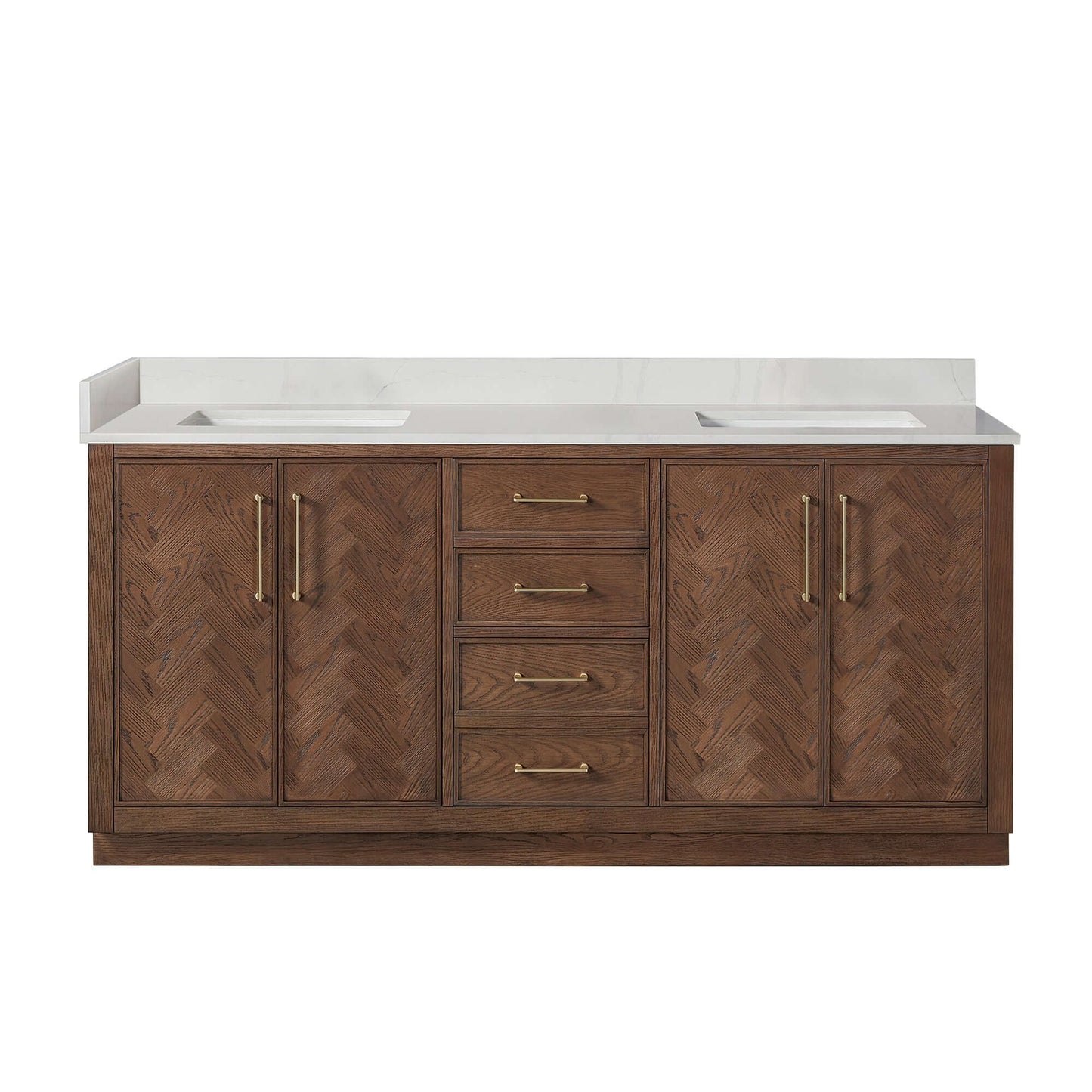 Vinnova, Jakarta 72" Freestanding Double Bath Vanity in Aged Dark Brown Oak with Silk White Quartz Stone Top, elegant bathroom decor.