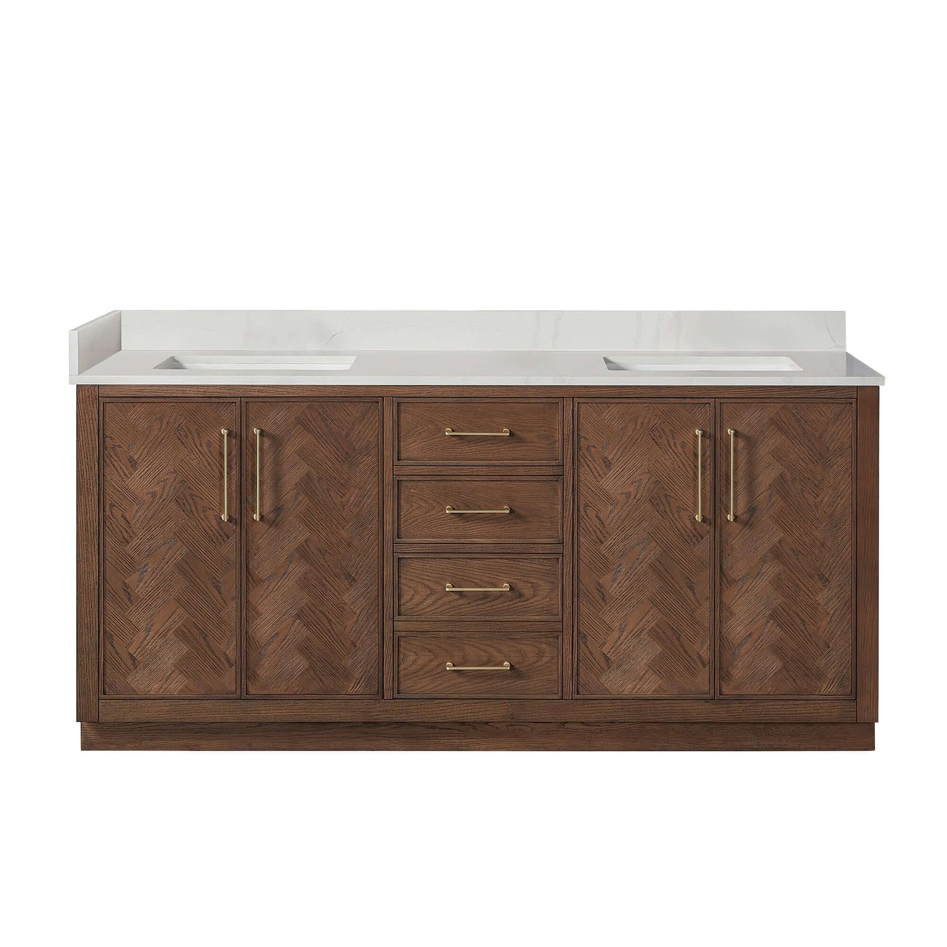 Vinnova, Jakarta 72" Freestanding Double Bath Vanity in Aged Dark Brown Oak with Silk White Quartz Stone Top, elegant bathroom decor.