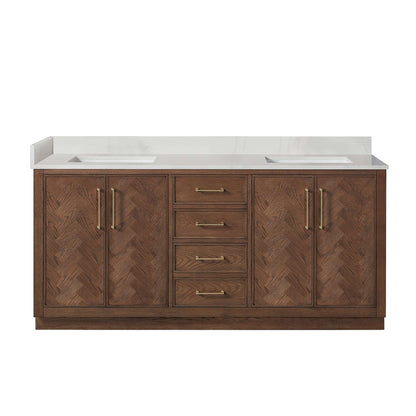 Vinnova, Jakarta 72" Freestanding Double Bath Vanity in Aged Dark Brown Oak with Silk White Quartz Stone Top, elegant bathroom decor.
