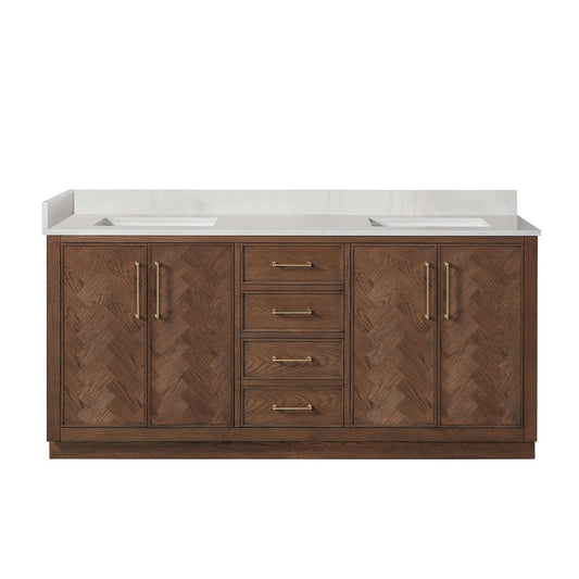 Vinnova, Jakarta 72" Freestanding Double Bath Vanity in Aged Dark Brown Oak with Silk White Quartz Stone Top, elegant bathroom decor.
