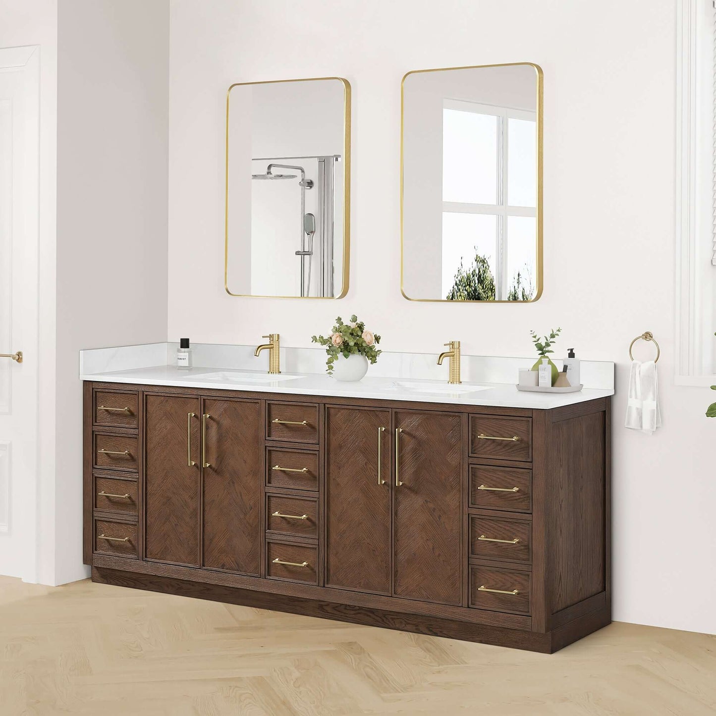 Vinnova, Jakarta 84" Freestanding Double Bath Vanity in Aged Dark Brown Oak with Silk White Quartz Stone Top for elegant bathroom design.