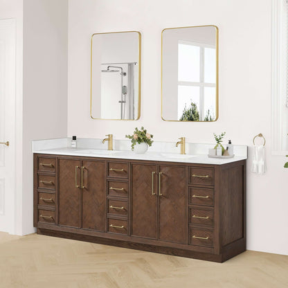 Vinnova, Jakarta 84" Freestanding Double Bath Vanity in Aged Dark Brown Oak with Silk White Quartz Stone Top for elegant bathroom design.