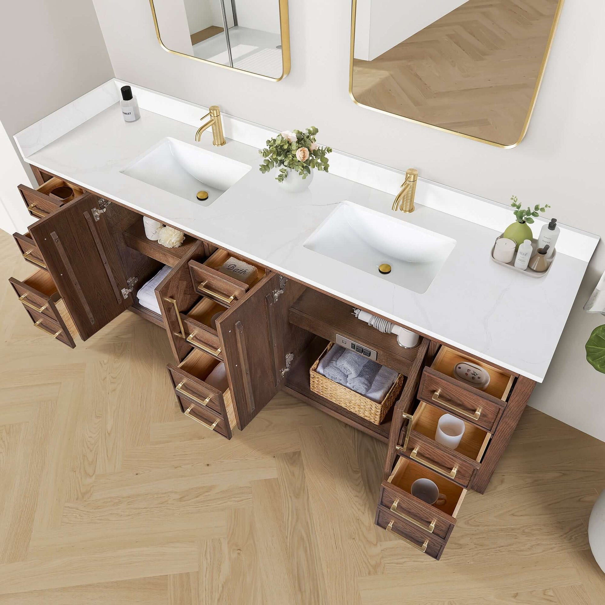 Vinnova, Jakarta 84" Freestanding Double Bath Vanity in Aged Dark Brown Oak with Silk White Quartz Stone Top in modern bathroom