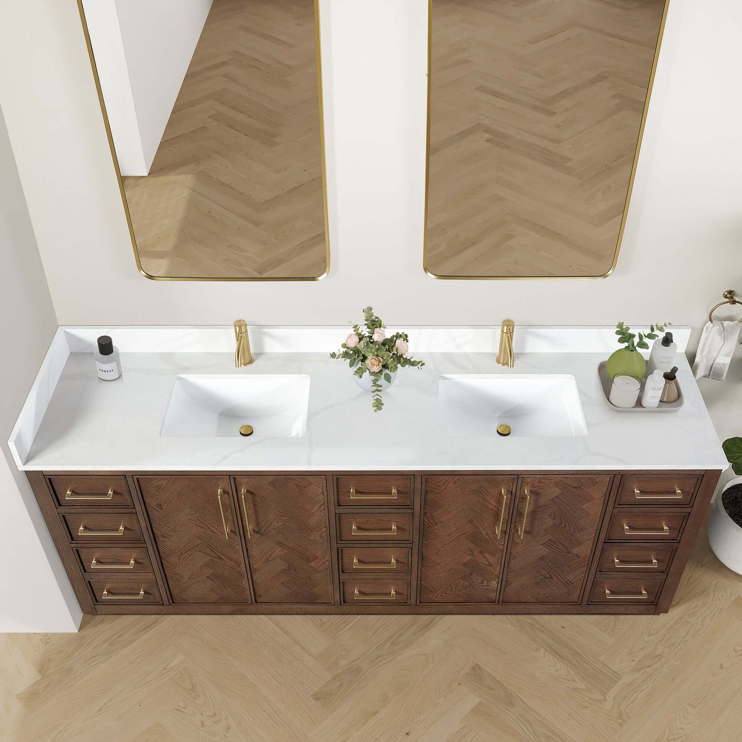 Vinnova, Jakarta 84" Freestanding Double Bath Vanity in Aged Dark Brown Oak with Silk White Quartz Stone Top, elegant bathroom vanity
