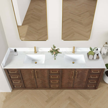 Vinnova, Jakarta 84" Freestanding Double Bath Vanity in Aged Dark Brown Oak with Silk White Quartz Stone Top, elegant bathroom vanity