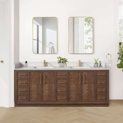 Vinnova, Jakarta 84" Freestanding Double Bath Vanity in Aged Dark Brown Oak with Silk White Quartz Stone Top in a modern bathroom.