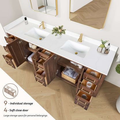 Vinnova, Jakarta 84" Freestanding Double Bath Vanity in Aged Dark Brown Oak with Silk White Quartz Stone Top, open storage view