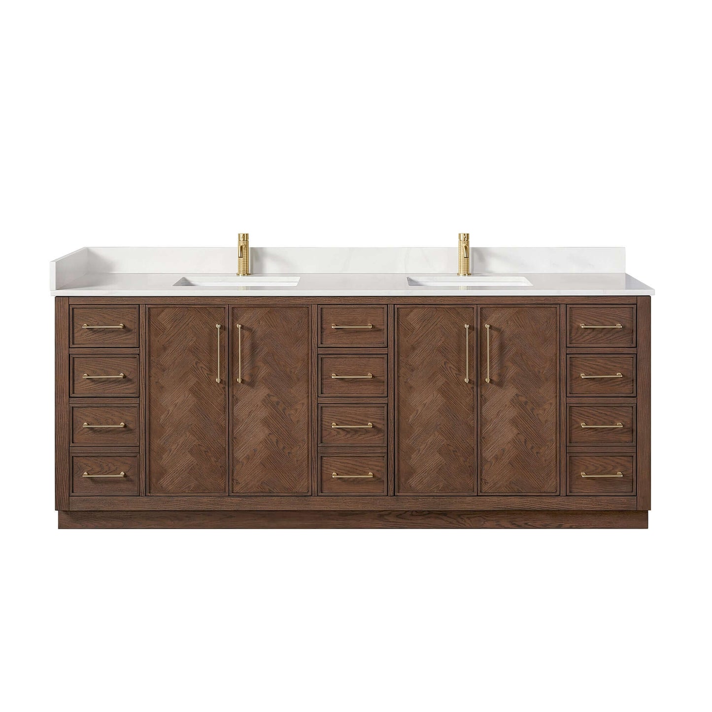 Vinnova, Jakarta 84" Freestanding Double Bath Vanity in Aged Dark Brown Oak with Silk White Quartz Stone Top, luxury bathroom vanity
