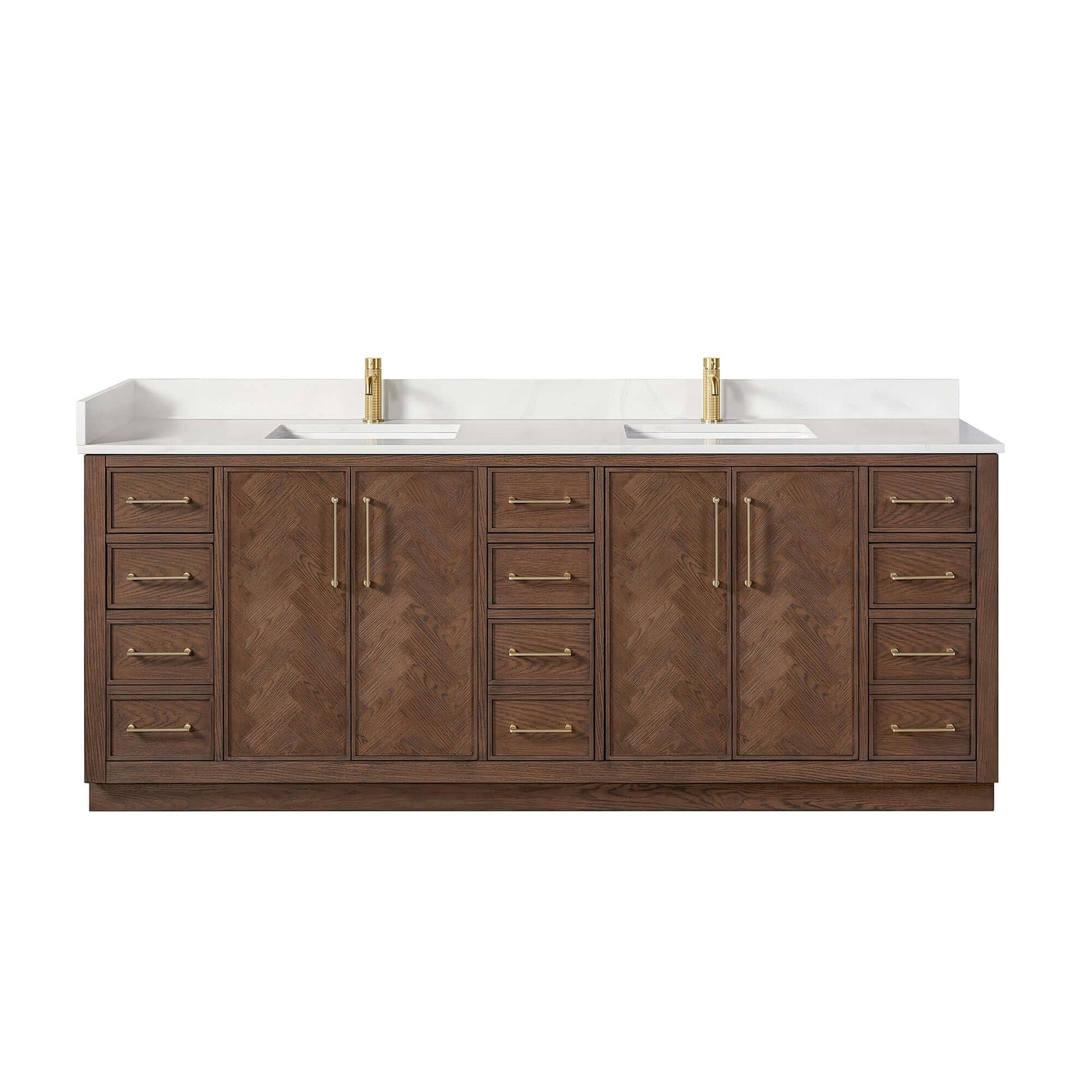 Vinnova, Jakarta 84" Freestanding Double Bath Vanity in Aged Dark Brown Oak with Silk White Quartz Stone Top, luxury bathroom vanity
