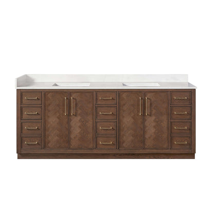 Vinnova, Jakarta 84" Freestanding Double Bath Vanity in Aged Dark Brown Oak with Silk White Quartz Stone Top, elegant bathroom vanity