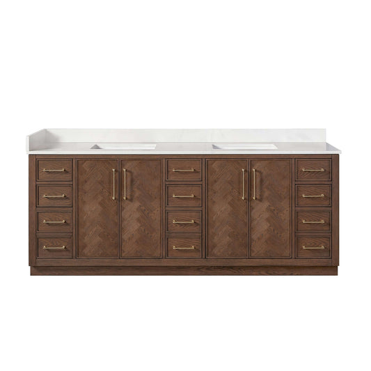 Vinnova, Jakarta 84" Freestanding Double Bath Vanity in Aged Dark Brown Oak with Silk White Quartz Stone Top, elegant bathroom vanity