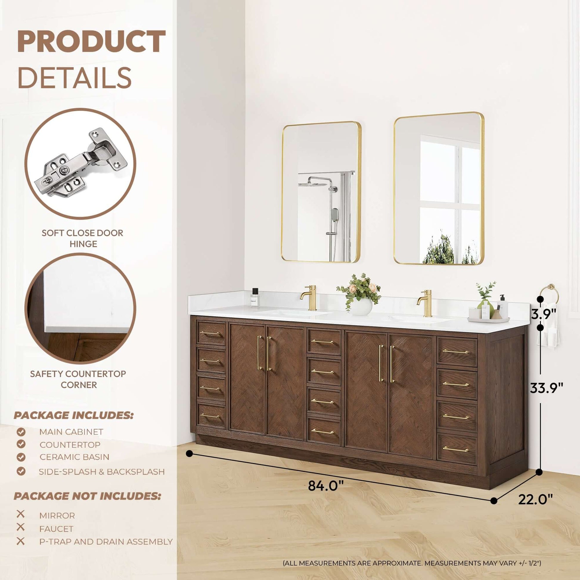 Vinnova, Jakarta 84" Freestanding Double Bath Vanity in Aged Dark Brown Oak with Silk White Quartz Stone Top, elegant modern design