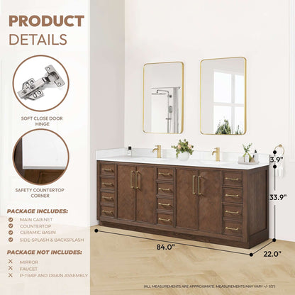 Vinnova, Jakarta 84" Freestanding Double Bath Vanity in Aged Dark Brown Oak with Silk White Quartz Stone Top, elegant modern design