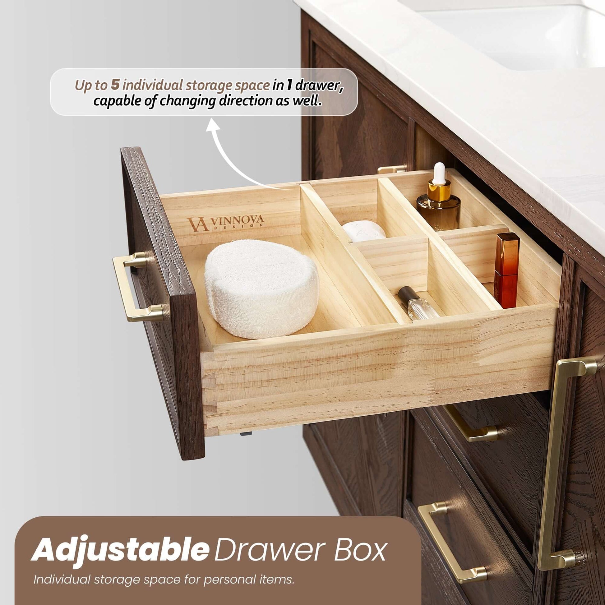 Vinnova, Jakarta 60M" Freestanding Double Bath Vanity in Aged Dark Brown Oak with adjustable drawer showcasing storage space