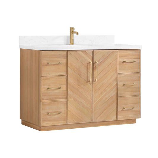 Vinnova, Karachi 48" Single Sink Bath Vanity in Acacia Classic Gray with White Grain Composite Stone Top, stylish and elegant bathroom vanity.