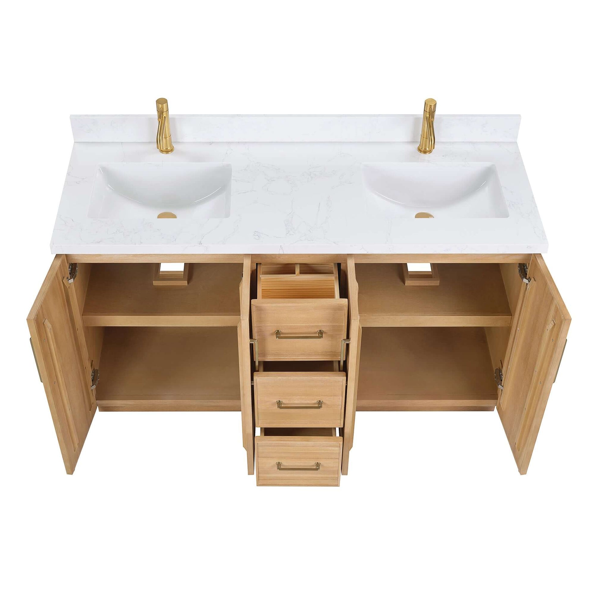 Vinnova, Karachi 60" Double Sink Bath Vanity in Acacia Classic Gray with White Grain Composite Stone Top - open cabinet view