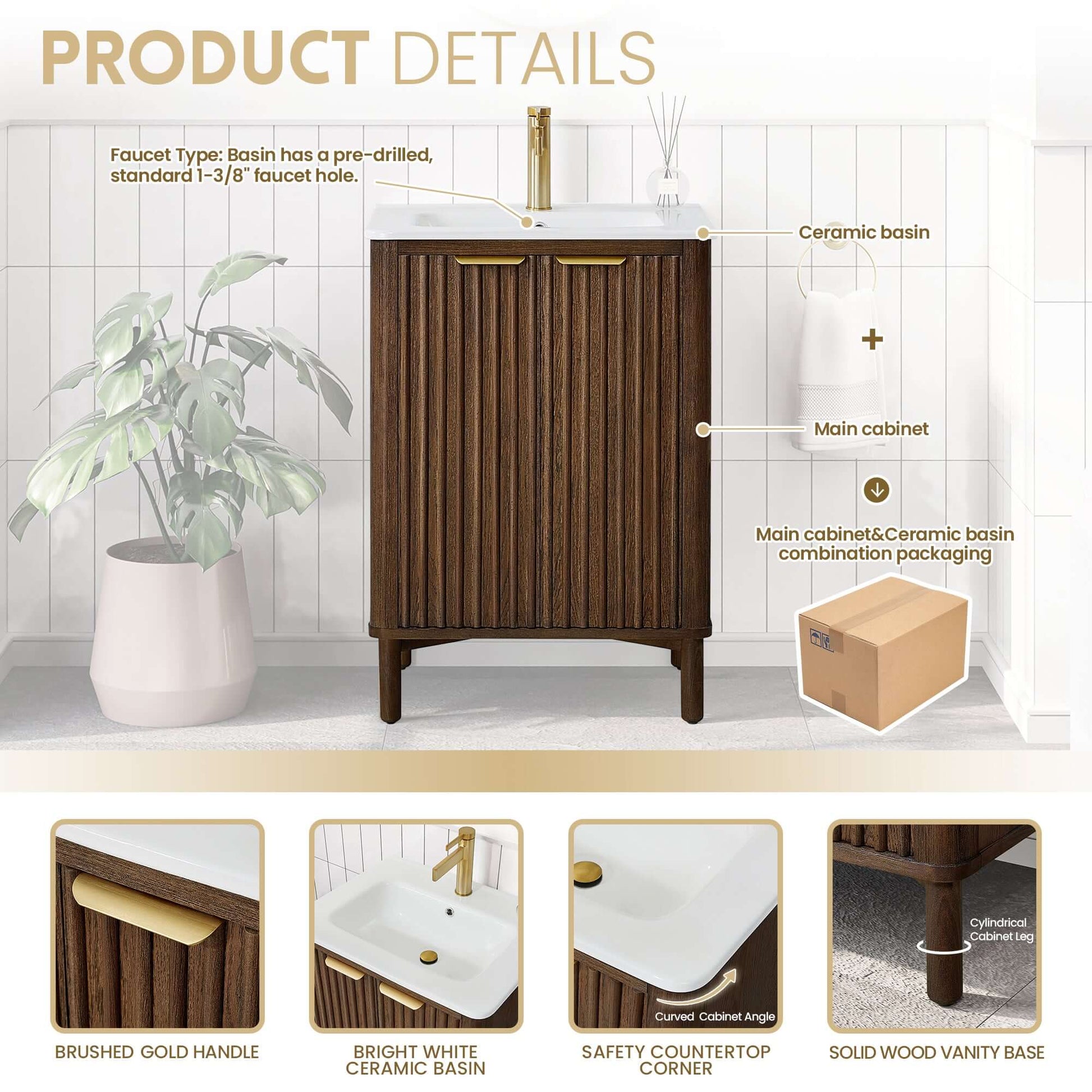 Vinnova, Mumbai 24" Free-standing Single Bath Vanity in Aged Dark Brown Oak with Drop-In White Ceramic Basin Top details