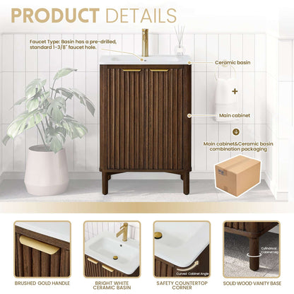 Vinnova, Mumbai 24" Free-standing Single Bath Vanity in Aged Dark Brown Oak with Drop-In White Ceramic Basin Top details
