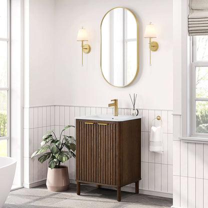 Vinnova, Mumbai 24" Free-standing Single Bath Vanity in Aged Dark Brown Oak with Drop-In White Ceramic Basin Top in a modern bathroom