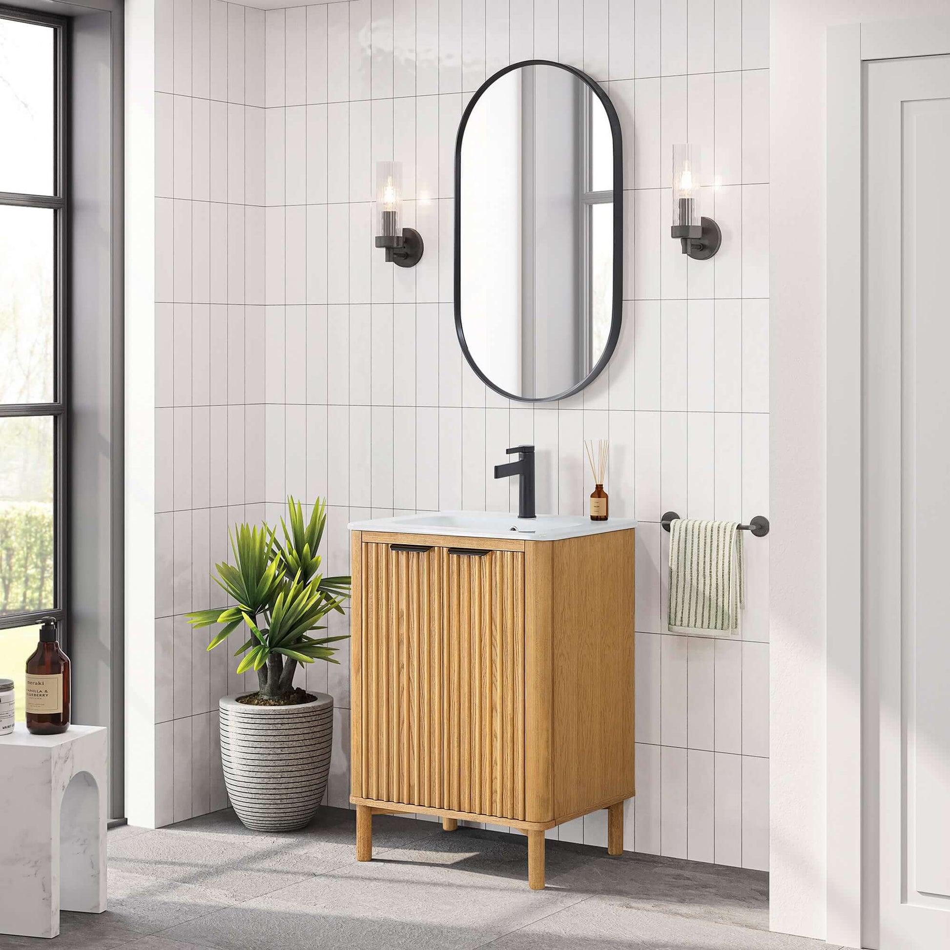 Vinnova, Mumbai 24" Free-standing Single Bath Vanity in Oak Weathering Light Brown with Drop-In White Ceramic Basin Top in bathroom setting