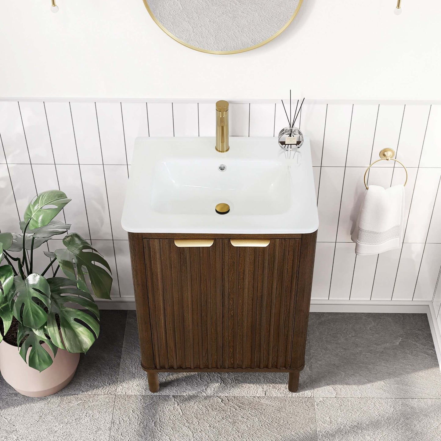 Vinnova, Mumbai 24" Free-standing Single Bath Vanity in Aged Dark Brown Oak with Drop-In White Ceramic Basin Top in bathroom.