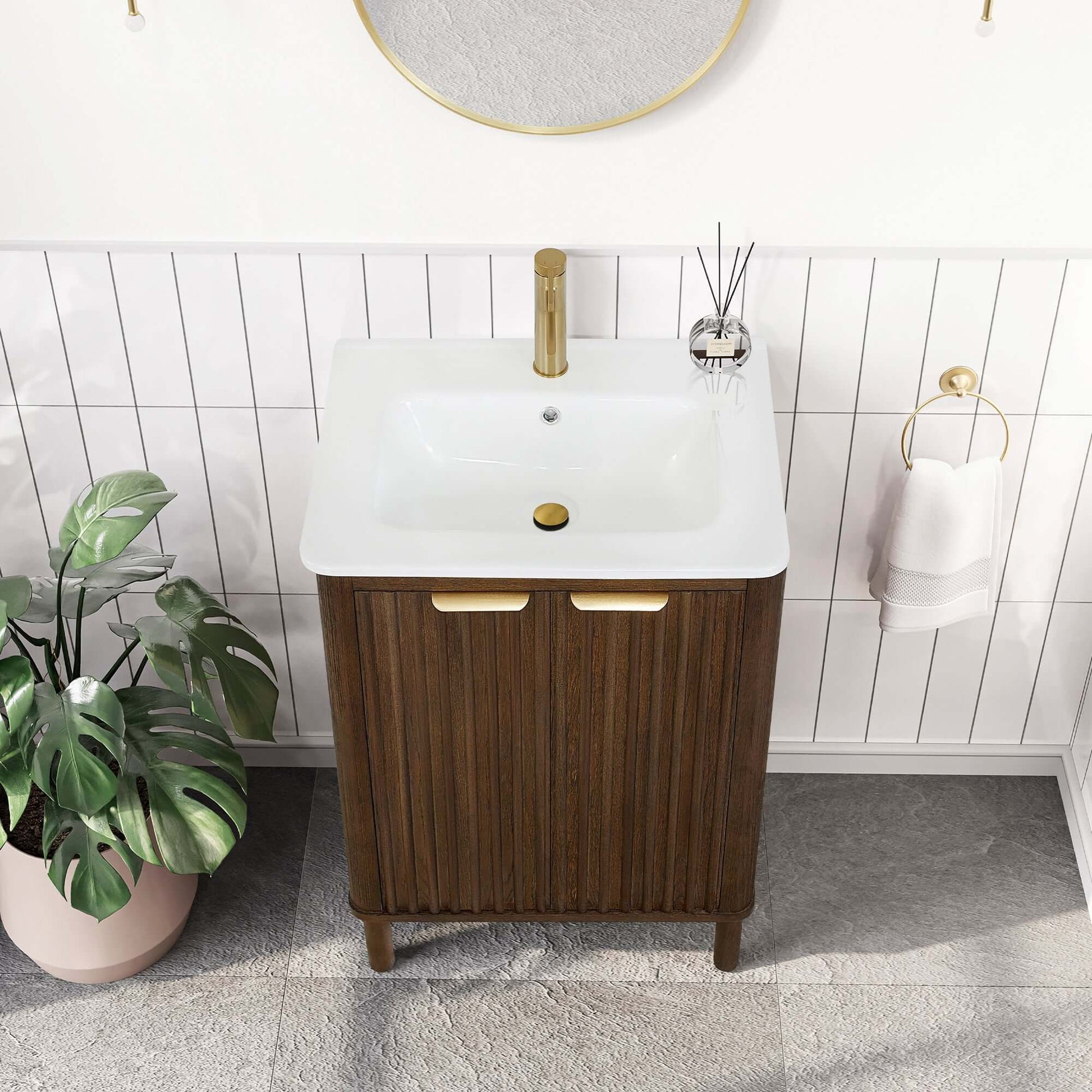 Vinnova, Mumbai 24" Free-standing Single Bath Vanity in Aged Dark Brown Oak with Drop-In White Ceramic Basin Top in bathroom.