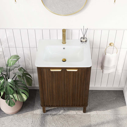 Vinnova, Mumbai 24" Free-standing Single Bath Vanity in Aged Dark Brown Oak with Drop-In White Ceramic Basin Top in bathroom.