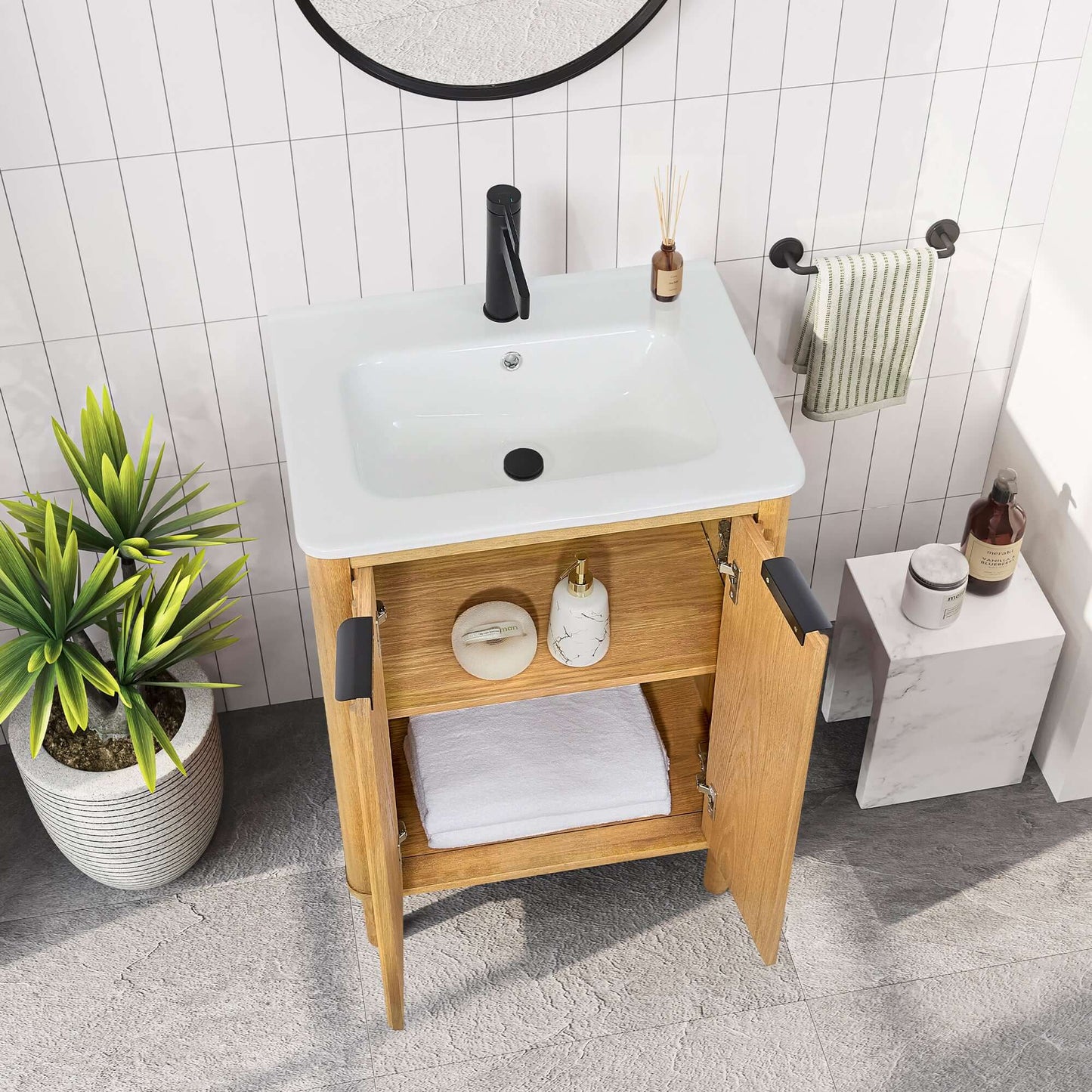 Vinnova, Mumbai 24" Free-standing Single Bath Vanity in Oak Weathering Light Brown with Drop-In White Ceramic Basin Top installed.