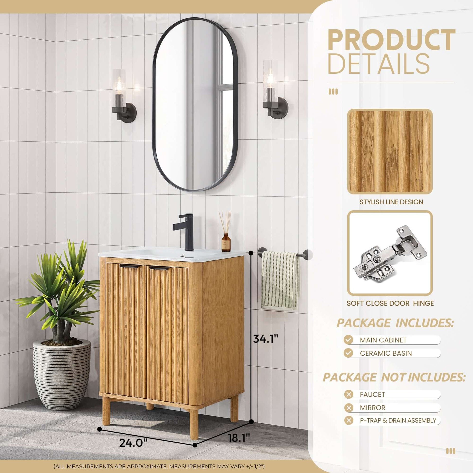 Vinnova, Mumbai 24" Free-standing Single Bath Vanity in Oak Weathering Light Brown with Drop-In White Ceramic Basin Top in bathroom setting.