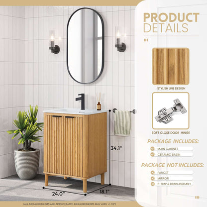 Vinnova, Mumbai 24" Free-standing Single Bath Vanity in Oak Weathering Light Brown with Drop-In White Ceramic Basin Top in bathroom setting.