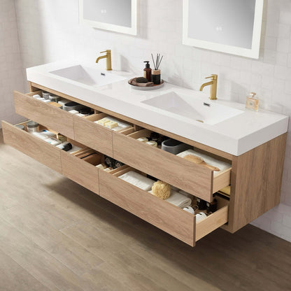 Vinnova, Palencia 84" Double Sink Wall-Mount Bath Vanity in North American Oak with White Composite Integral Sink Top, bathroom vanity