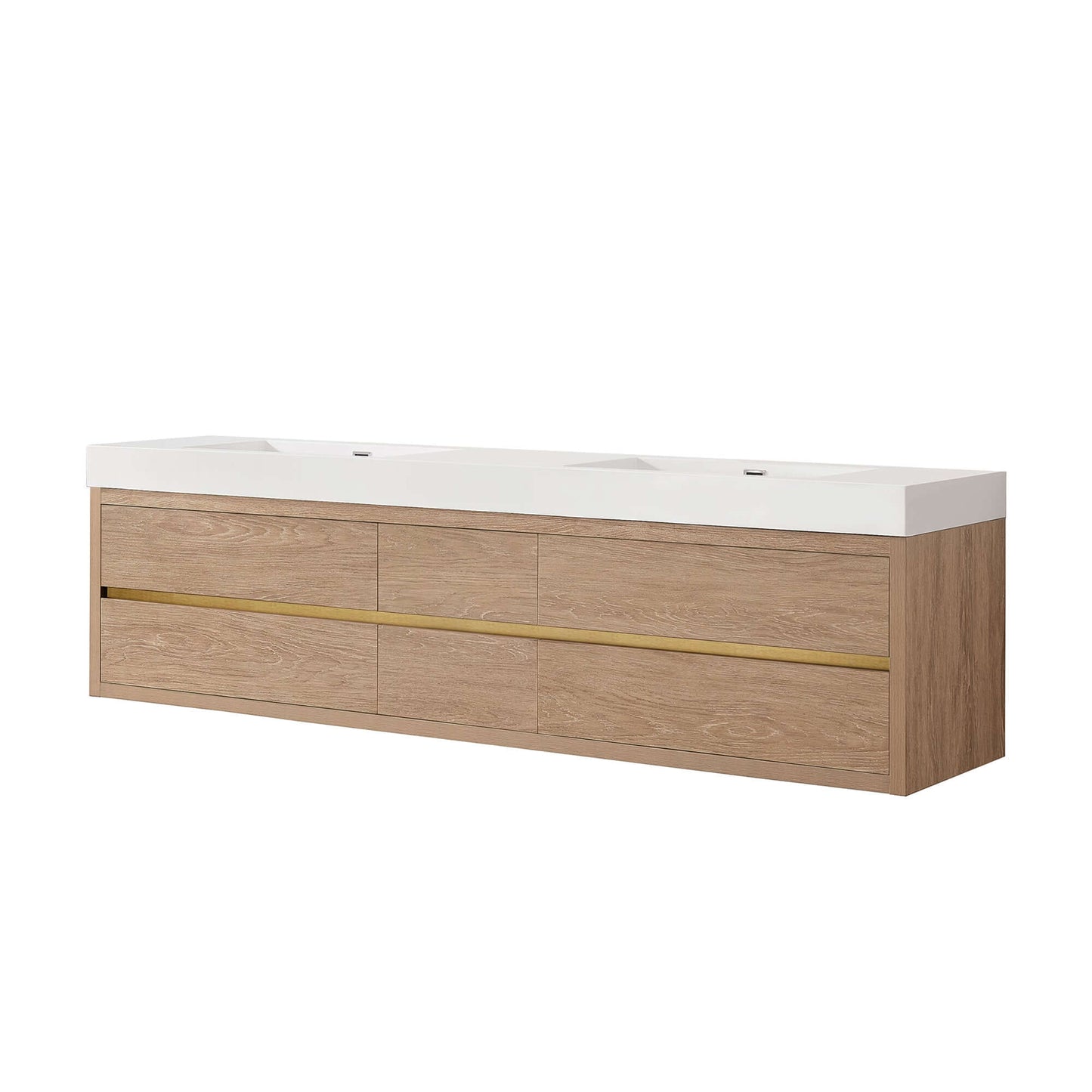 Vinnova, Palencia 84" Double Sink Wall-Mount Bath Vanity in North American Oak with White Composite Integral Sink Top