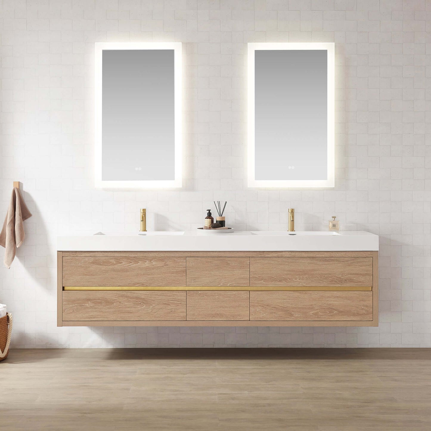 Vinnova, Palencia 84" Double Sink Wall-Mount Bath Vanity in North American Oak with White Composite Integral Sink Top