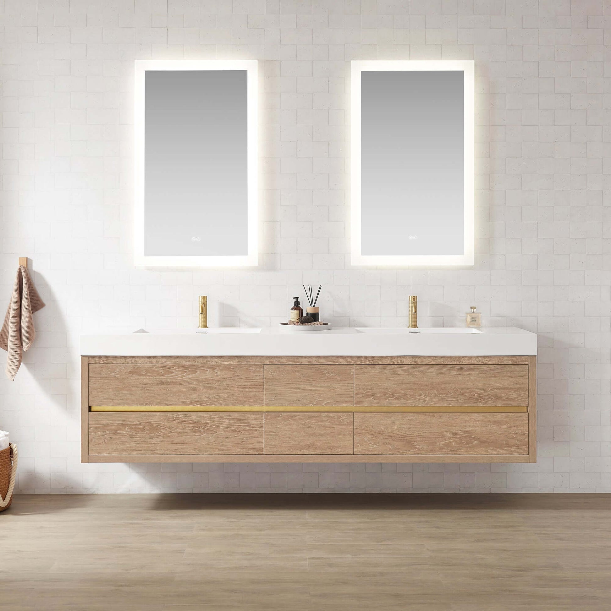 Vinnova, Palencia 84" Double Sink Wall-Mount Bath Vanity in North American Oak with White Composite Integral Sink Top