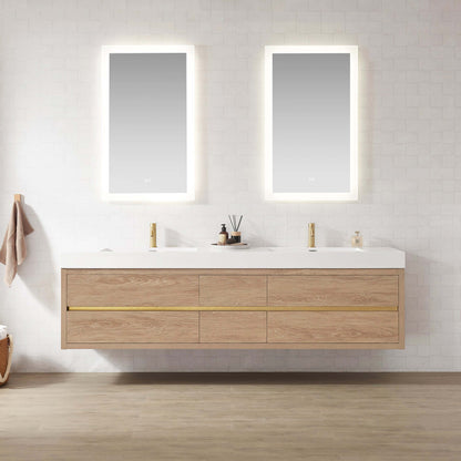 Vinnova, Palencia 84" Double Sink Wall-Mount Bath Vanity in North American Oak with White Composite Integral Sink Top
