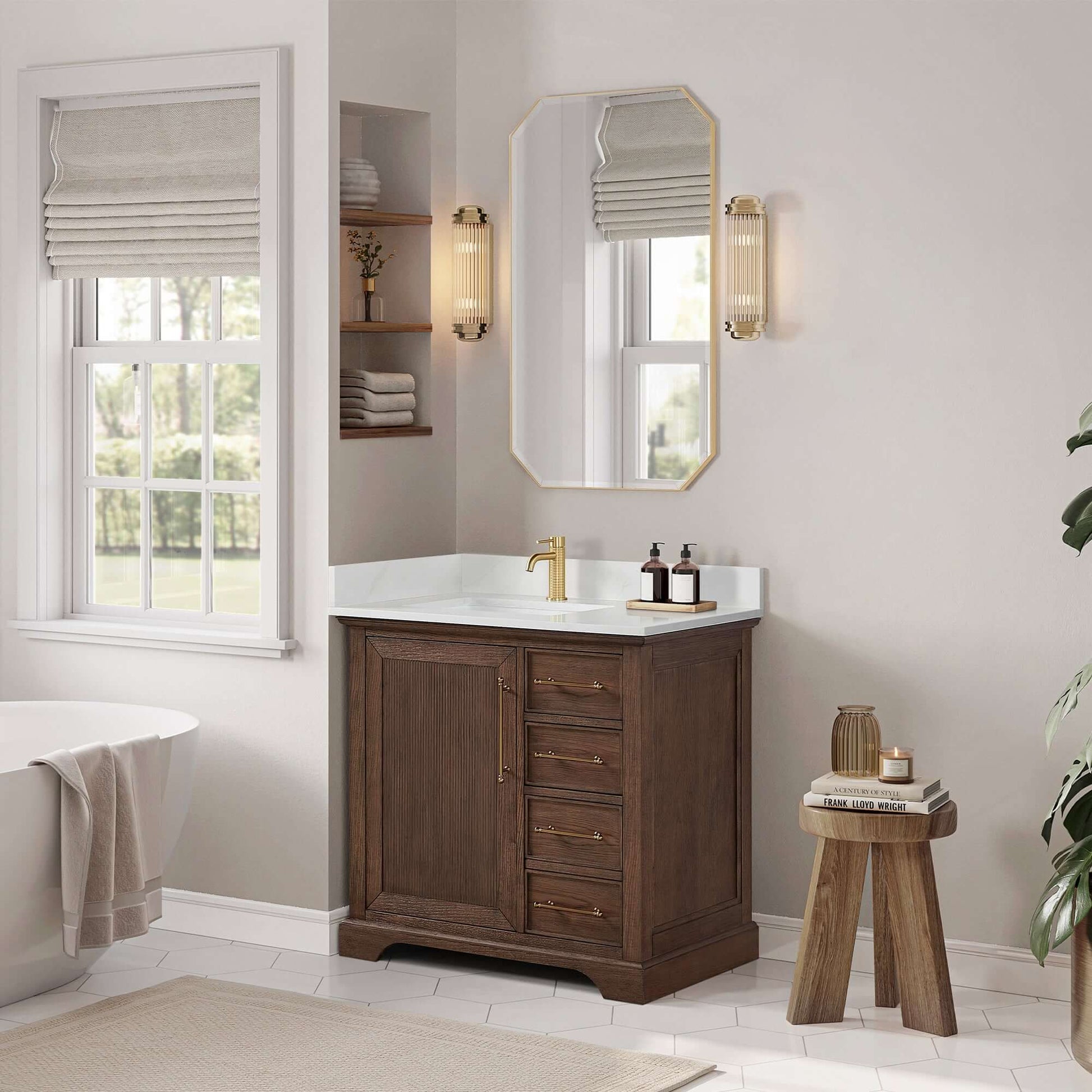 Vinnova, Tokyo 36" Freestanding Single Bath Vanity in Aged Dark Brown Oak with Silk White Quartz Stone Top in modern bathroom