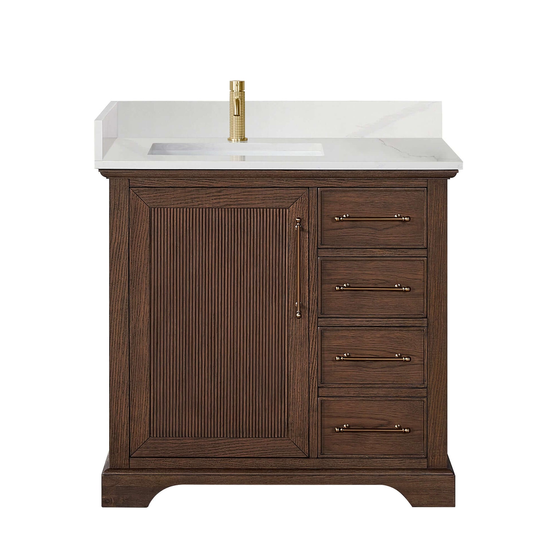 Vinnova, Tokyo 36" Freestanding Single Bath Vanity in Aged Dark Brown Oak with Silk White Quartz Stone Top, bathroom vanity