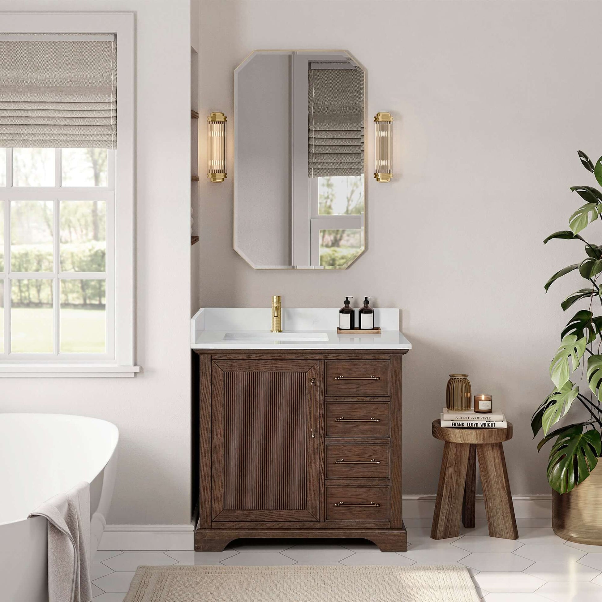 Vinnova, Tokyo 36" Freestanding Single Bath Vanity in Aged Dark Brown Oak with Silk White Quartz Stone Top, elegant bathroom vanity
