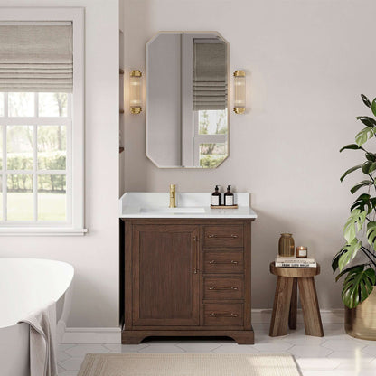 Vinnova, Tokyo 36" Freestanding Single Bath Vanity in Aged Dark Brown Oak with Silk White Quartz Stone Top, elegant bathroom vanity
