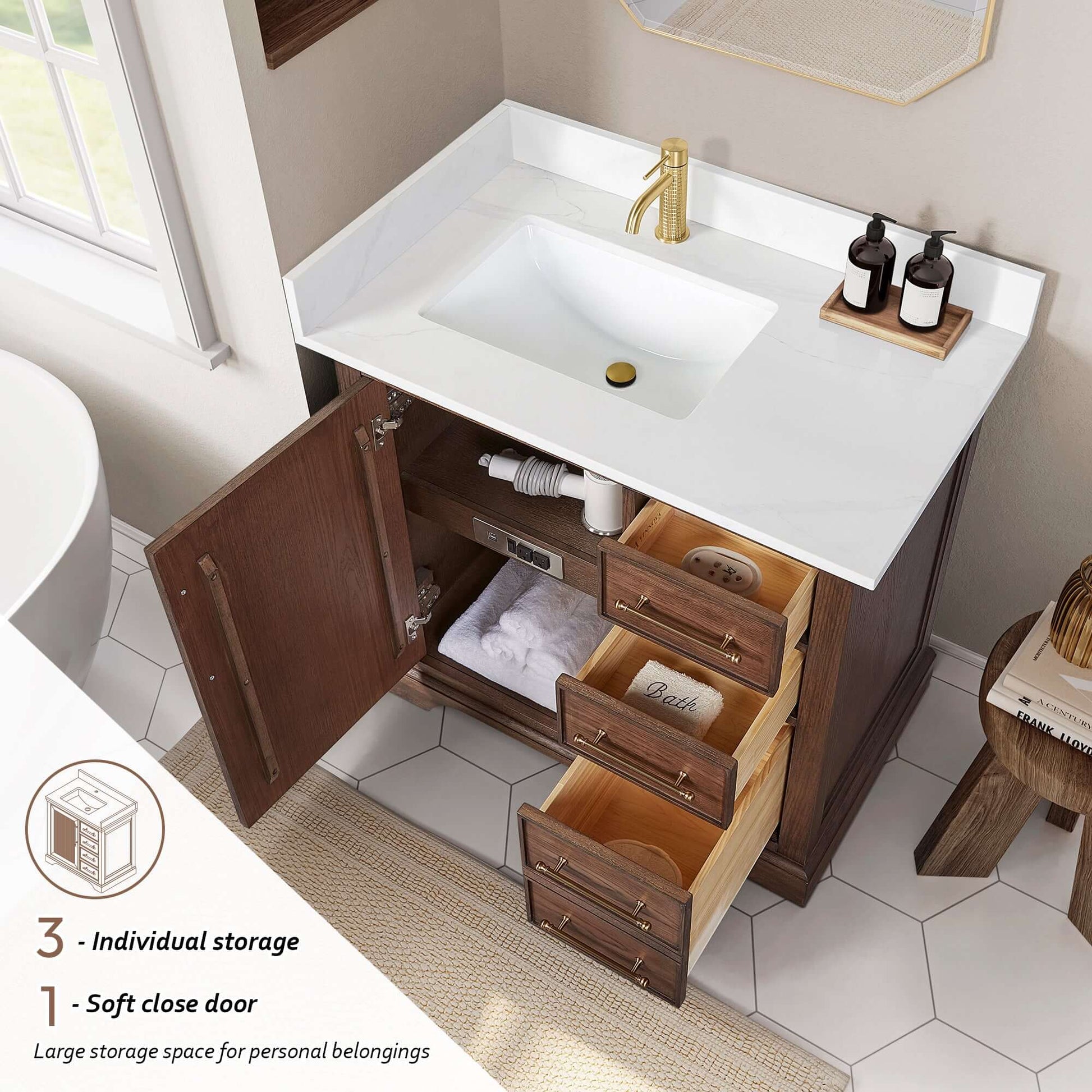 Vinnova, Tokyo 36" Freestanding Single Bath Vanity in Aged Dark Brown Oak with Silk White Quartz Stone Top, bathroom vanity design