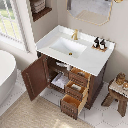 Vinnova, Tokyo 36" Freestanding Single Bath Vanity in Aged Dark Brown Oak with Silk White Quartz Stone Top in bathroom setting